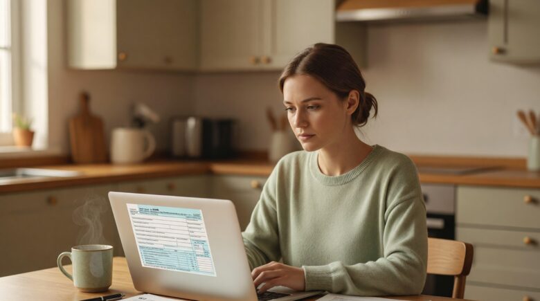 First-time tax filer sitting at desk reviewing tax forms and documents on laptop