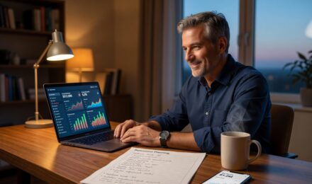 Person in their 40s reviewing retirement fund savings plan on a laptop