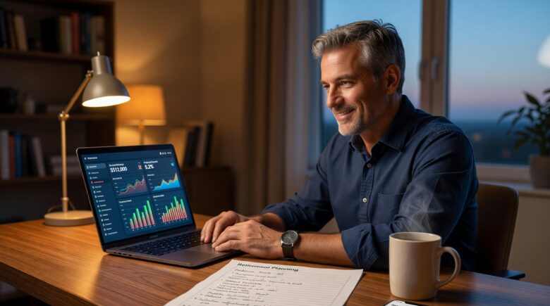 Person in their 40s reviewing retirement fund savings plan on a laptop
