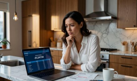 Millennial woman reviewing finances on laptop looking stressed about money management mistakes