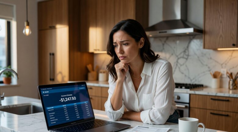 Millennial woman reviewing finances on laptop looking stressed about money management mistakes