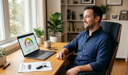 Person reviewing credit score on laptop after paying off car loan early
