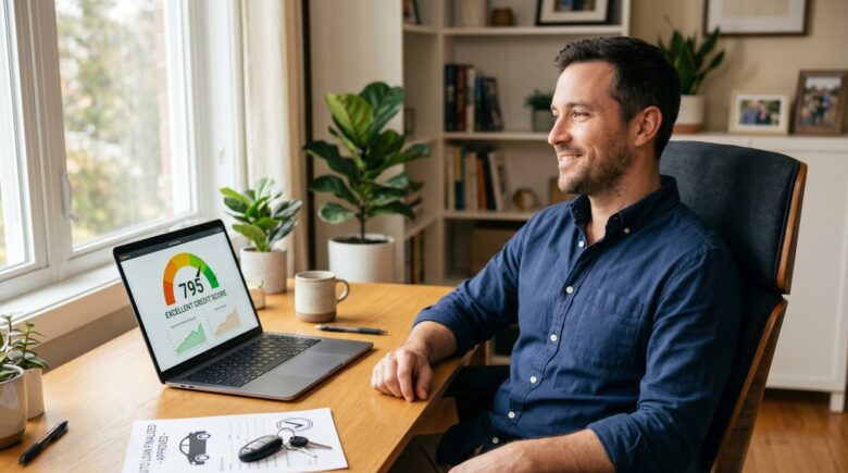 Person reviewing credit score on laptop after paying off car loan early