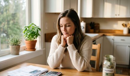 Person at desk weighing the decision to pay off debt or build an emergency fund with calculator and financial documents
