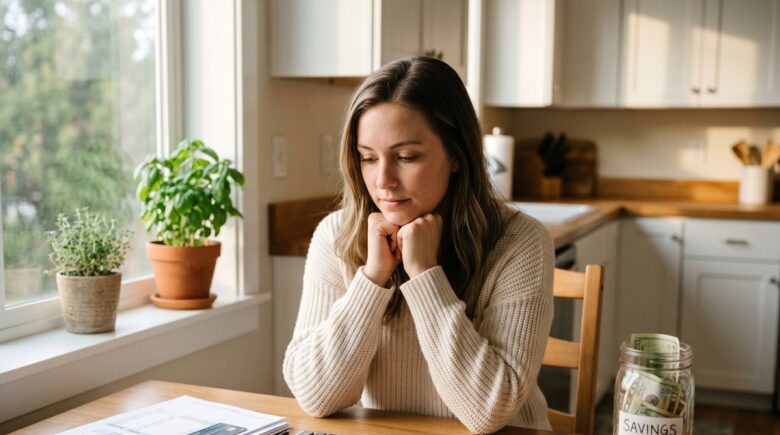 Person at desk weighing the decision to pay off debt or build an emergency fund with calculator and financial documents