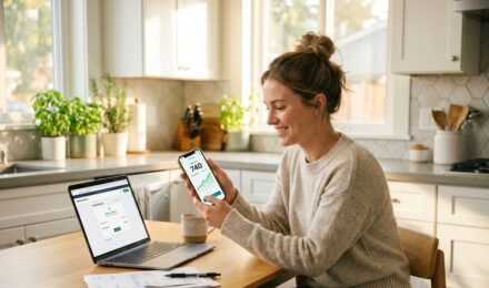 Person reviewing credit score improvement after rent reporting on a laptop