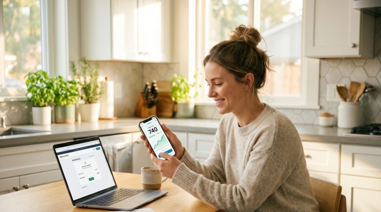 Person reviewing credit score improvement after rent reporting on a laptop