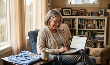A smiling nurse in scrubs reviewing retirement savings documents at a desk