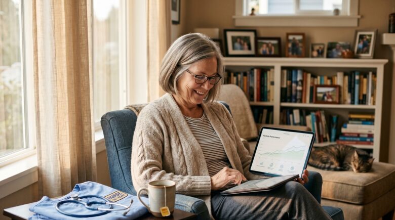 A smiling nurse in scrubs reviewing retirement savings documents at a desk