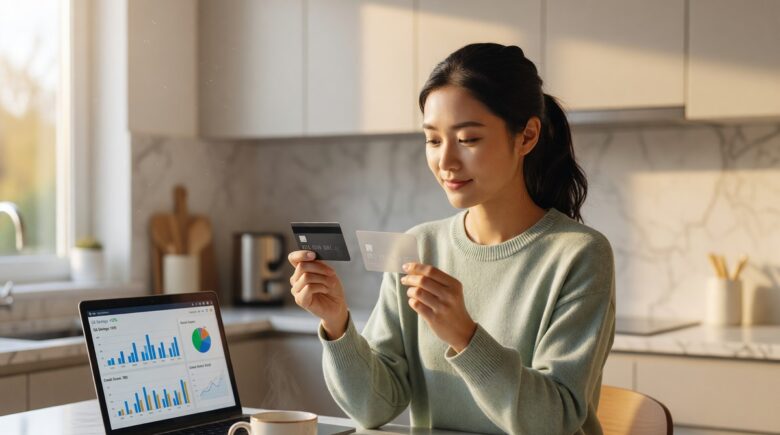 Side-by-side comparison of a secured credit card and an unsecured credit card on a wooden desk
