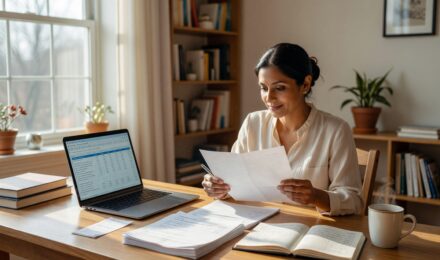 Self-employed person reviewing tax deductions on laptop with receipts and calculator on desk