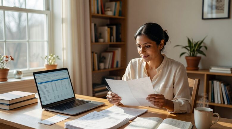 Self-employed person reviewing tax deductions on laptop with receipts and calculator on desk