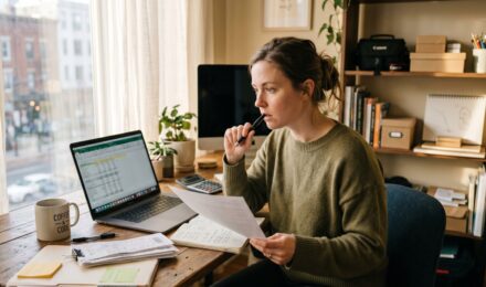 Person reviewing side hustle tax documents and income records at a desk