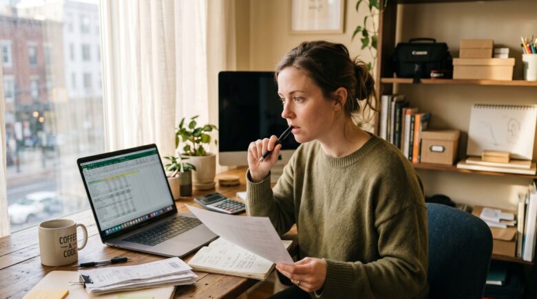 Person reviewing side hustle tax documents and income records at a desk