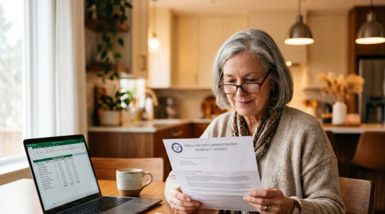 Senior couple reviewing Social Security benefits statements for 2026
