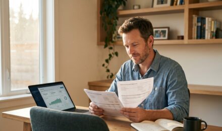 Self-employed professional reviewing solo 401k retirement plan documents at a desk