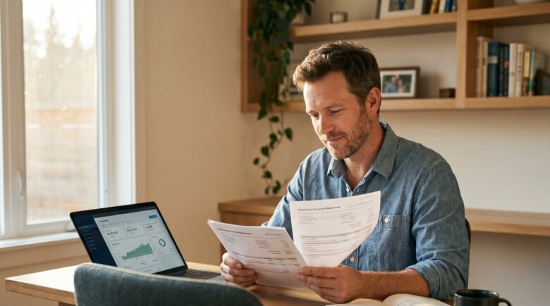 Self-employed professional reviewing solo 401k retirement plan documents at a desk