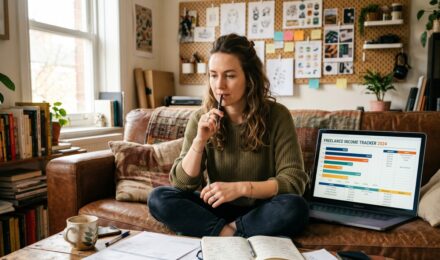 Freelancer reviewing a spending plan and budget spreadsheet at a desk with a laptop and coffee