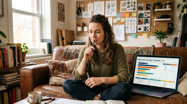 Freelancer reviewing a spending plan and budget spreadsheet at a desk with a laptop and coffee