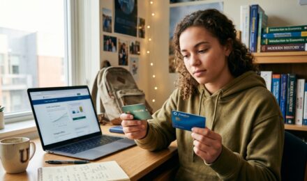 Student comparing student credit card vs secured card options on a laptop