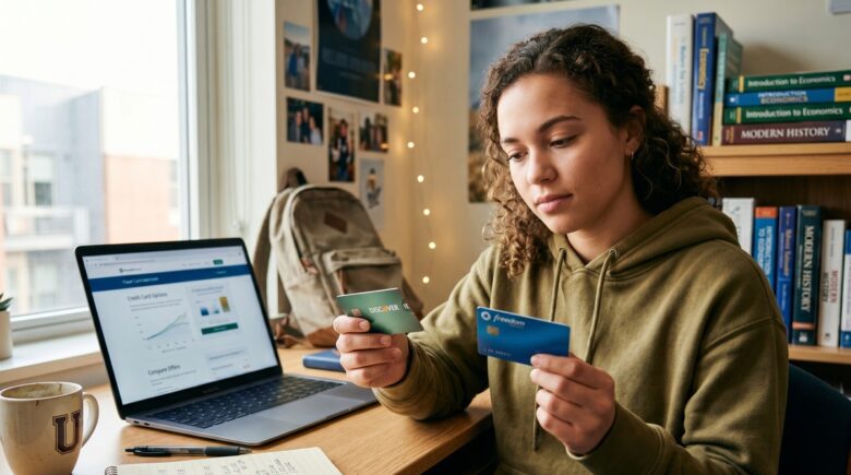 Student comparing student credit card vs secured card options on a laptop