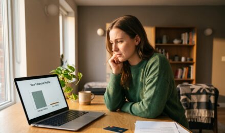 Person reviewing a thin credit file report on a laptop with a low credit score visible on screen
