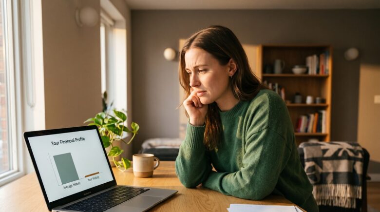 Person reviewing a thin credit file report on a laptop with a low credit score visible on screen