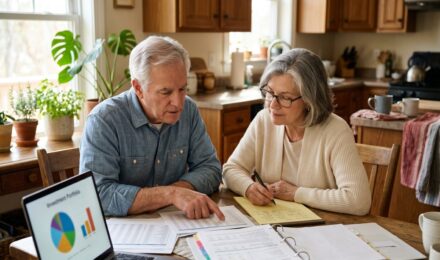 Retiree reviewing portfolio withdrawal charts and retirement income plan at a desk