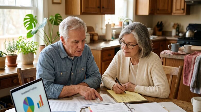 Retiree reviewing portfolio withdrawal charts and retirement income plan at a desk