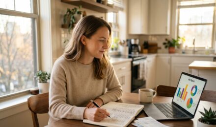 Person reviewing a 90-day financial reset plan with a notebook, calculator, and monthly budget spreadsheet on a desk