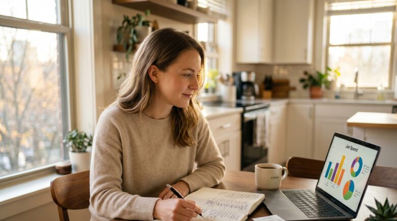 Person reviewing a 90-day financial reset plan with a notebook, calculator, and monthly budget spreadsheet on a desk