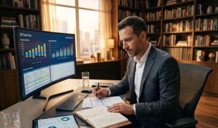 A high earner reviewing cash flow spreadsheets and tax reserve allocations across multiple bank accounts at a desk