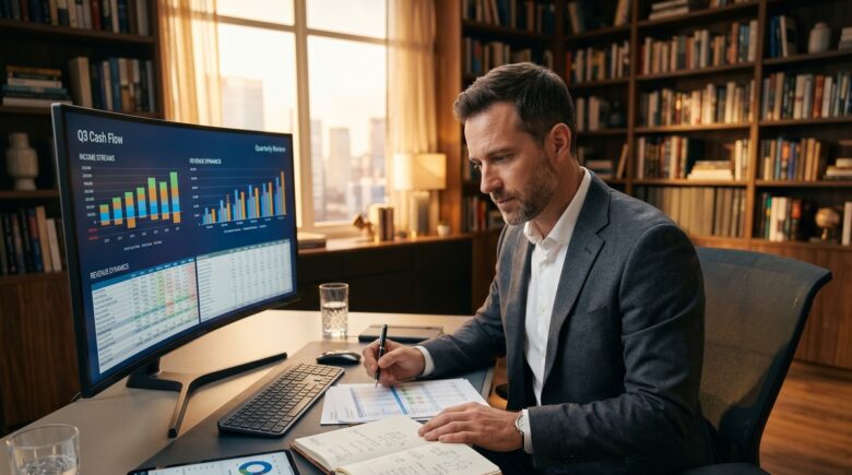 A high earner reviewing cash flow spreadsheets and tax reserve allocations across multiple bank accounts at a desk