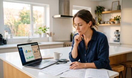 A household budget spreadsheet on a kitchen table next to a calculator, reflecting the impact of high interest rates and new banking rules in 2026