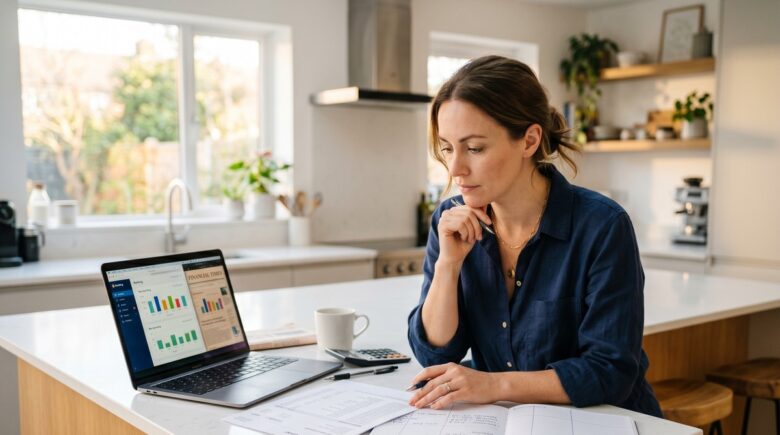 A household budget spreadsheet on a kitchen table next to a calculator, reflecting the impact of high interest rates and new banking rules in 2026