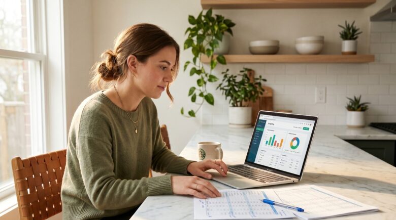A smartphone displaying a budgeting app alongside a laptop with an open budget spreadsheet on a desk