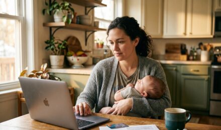 Stay-at-home parent reviewing credit card options at home to build credit with no income