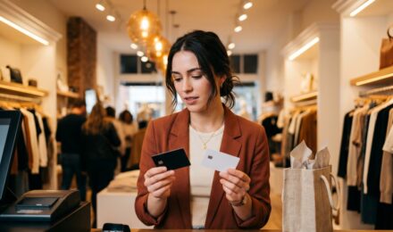 Person at checkout comparing a credit card and a buy now pay later payment option on a smartphone screen