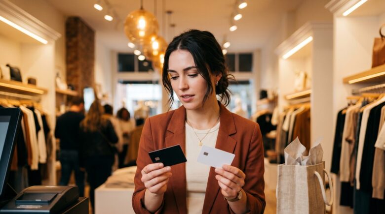 Person at checkout comparing a credit card and a buy now pay later payment option on a smartphone screen