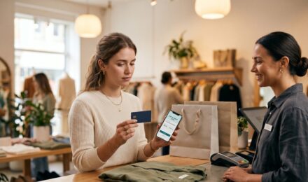 A young shopper comparing a credit card and a buy now pay later checkout option on a laptop screen