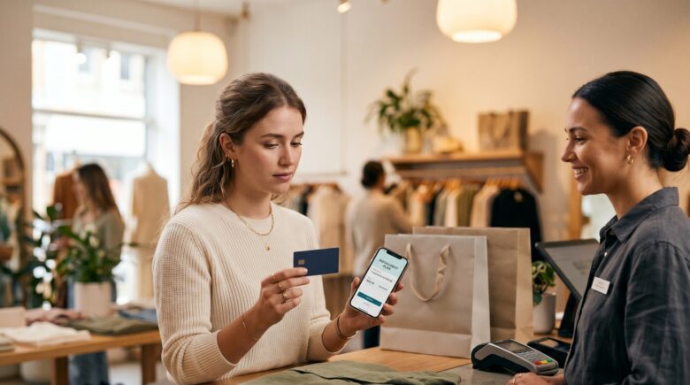 A young shopper comparing a credit card and a buy now pay later checkout option on a laptop screen