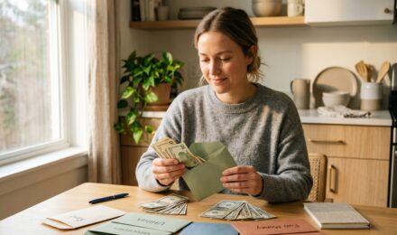 Labeled cash envelopes sorted by spending category spread out on a wooden table with paper bills inside