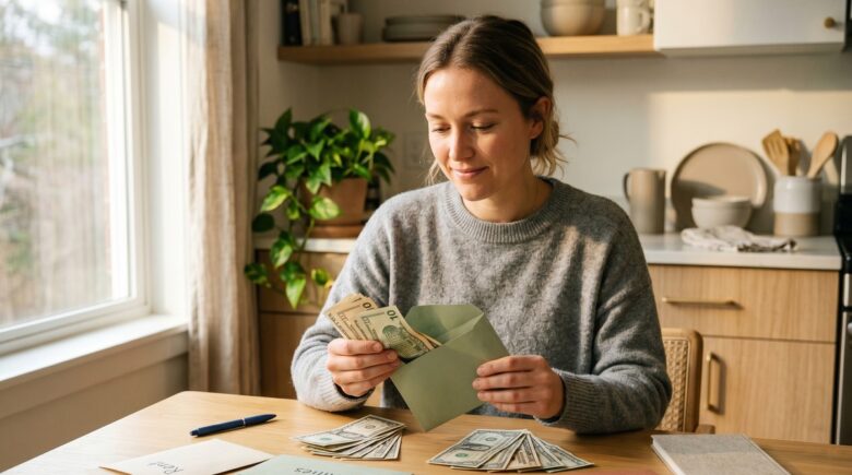 Labeled cash envelopes sorted by spending category spread out on a wooden table with paper bills inside