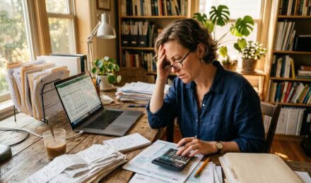 Self-employed freelancer reviewing tax documents and receipts at a desk with a laptop and calculator