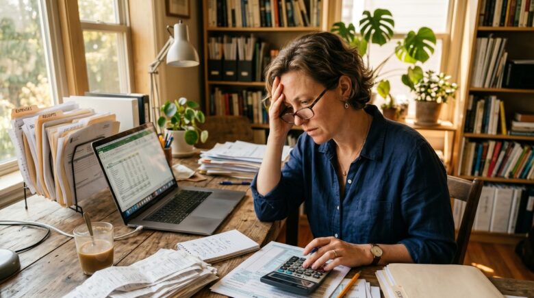 Self-employed freelancer reviewing tax documents and receipts at a desk with a laptop and calculator