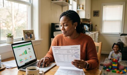 Single mother reviewing her credit report at a kitchen table with a laptop and financial documents