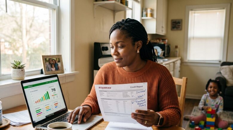 Single mother reviewing her credit report at a kitchen table with a laptop and financial documents