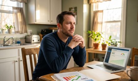A person reviewing their credit report at a desk after a home foreclosure, with a downward score trend visible on the document