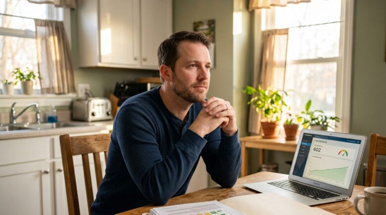 A person reviewing their credit report at a desk after a home foreclosure, with a downward score trend visible on the document