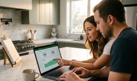 Newlywed couple reviewing credit reports together on a laptop at a kitchen table
